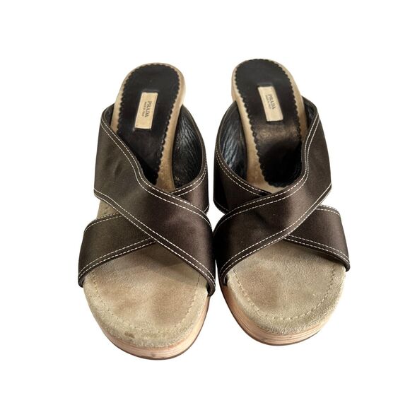 Prada Brown Leather Wood Stiletto Heels Made In Italy Size 38.5 - Picture 2 of 12